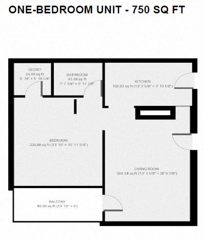 Floor plan for 1 bed, 1 bath, 750 sqft